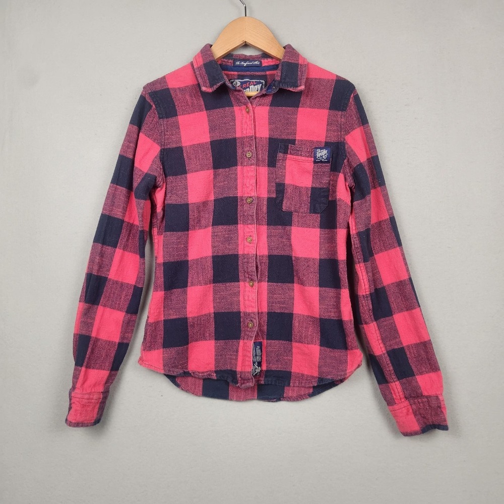 Superdry‎ Shirt Womens Small Pink Navy Plaid Boyfriend Button Front G40ME000